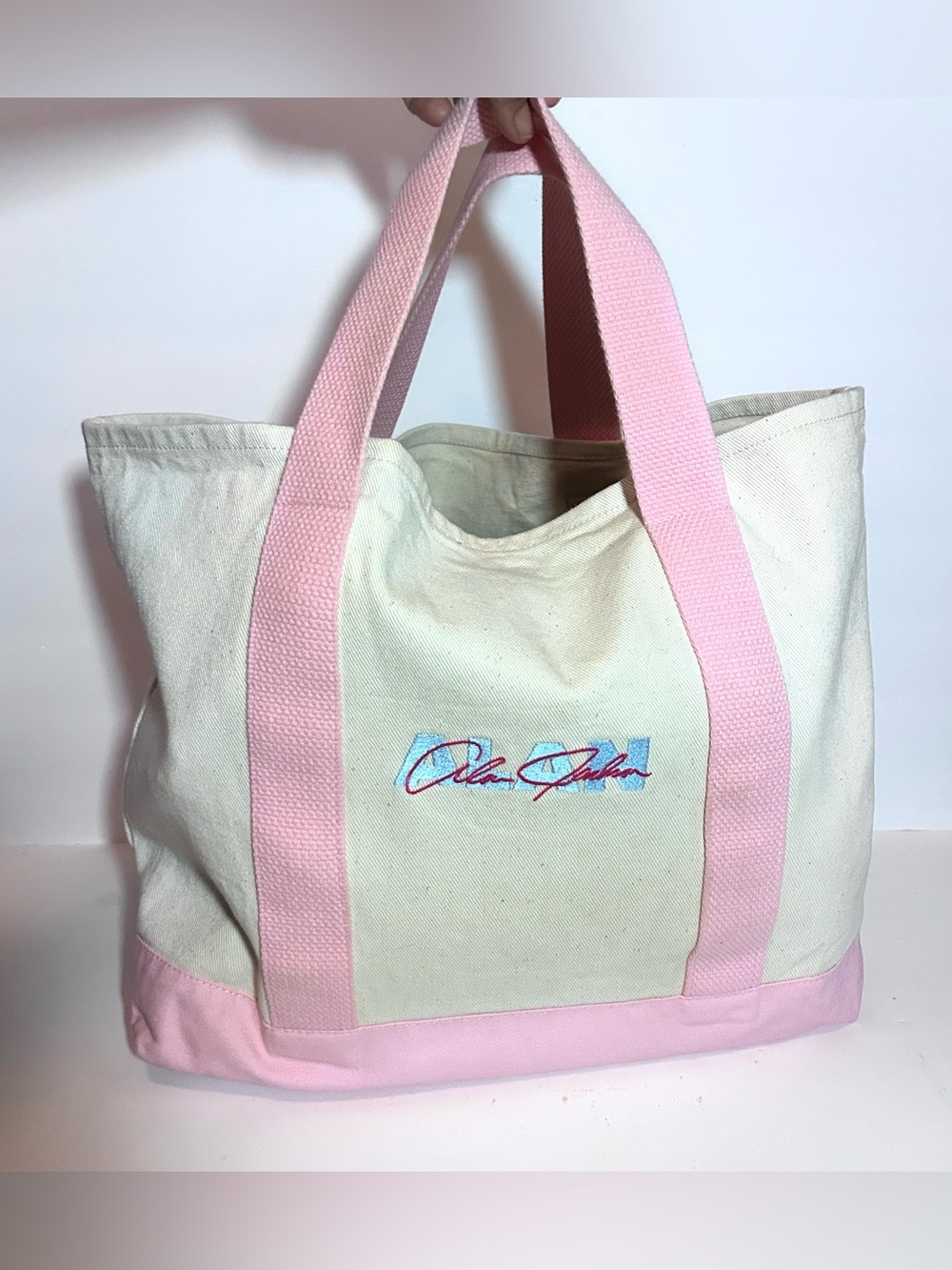 Alan Jackson Embroidered Cream & Pink Canvas Tote Bag